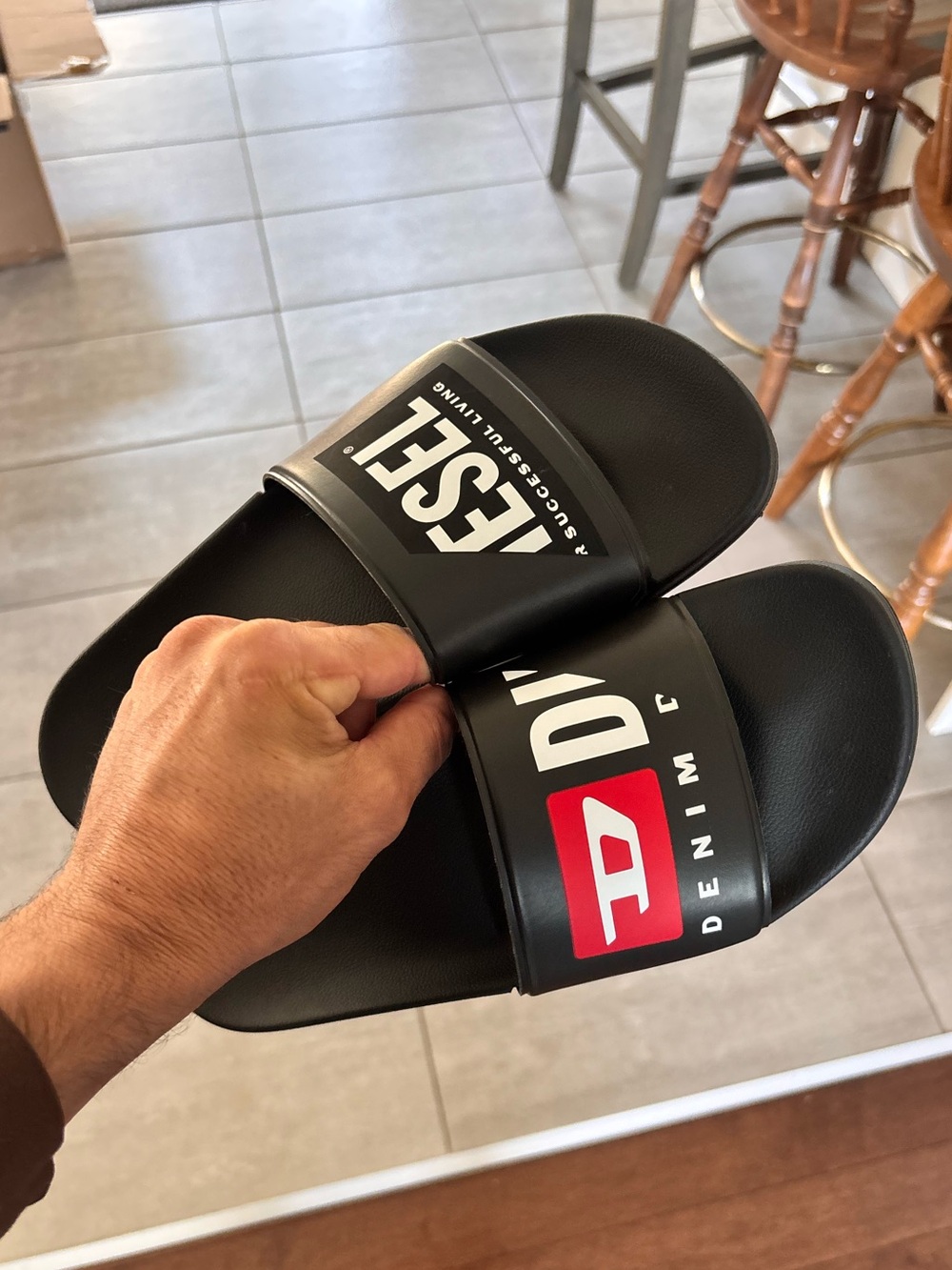 Diesel Black Logo Slide Sandals with Red Accent